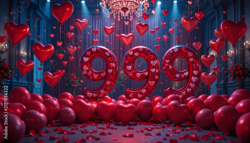 Red heart balloons fill luxury ballroom celebrating valentines day event romance anniversary occasion.