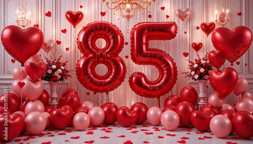 Red heart balloons near number eighty five for festive anniversary decoration.