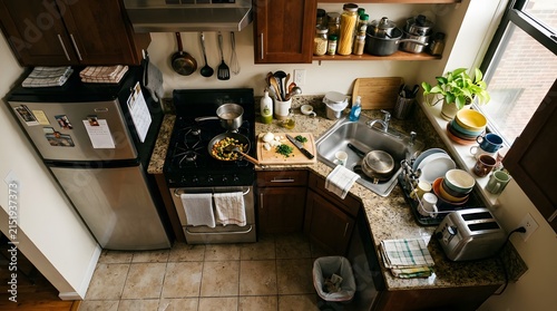 Compact kitchen interior with stainless steel appliances and dishes