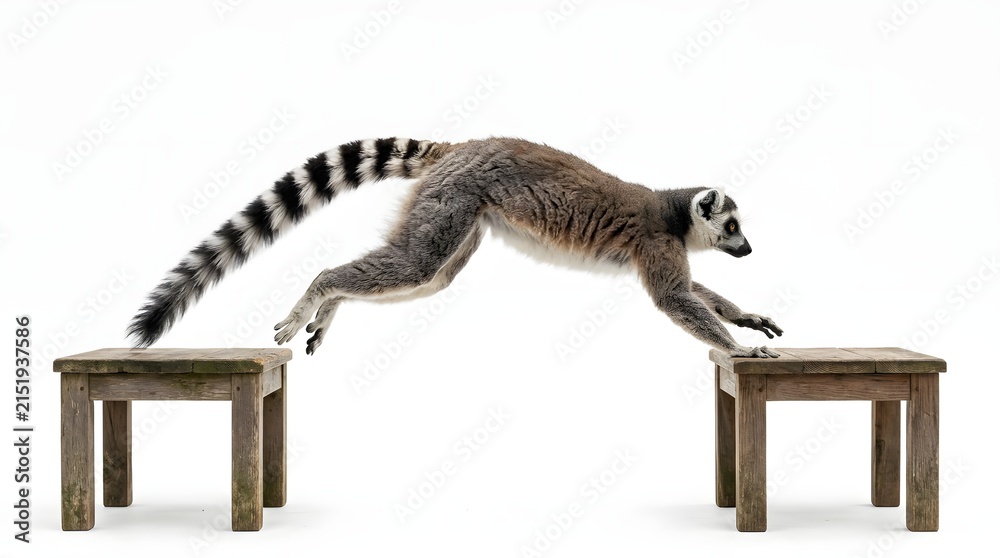 Fototapeta premium Ring tailed lemur leaping between wooden blocks against white background