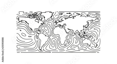 Картината върху платно World Map with Contour Lines.