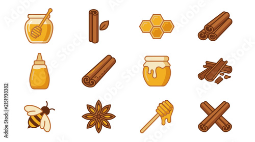 Sweet spice and honey icons collection natural ingredients for cooking and baking