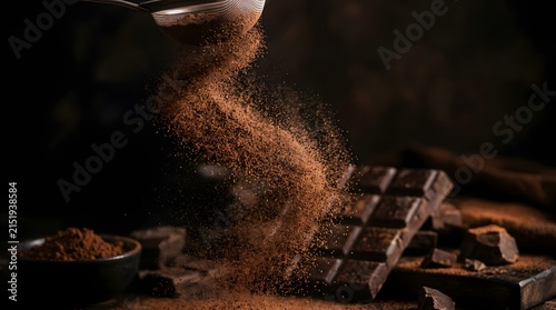 Chocolate powder falling onto dark chocolate bar rich dessert ingredient
