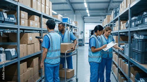 Diverse logistics workers inspect inventory using barcode scanners and clipboard in a large warehouse