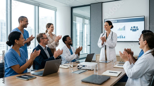 Diverse medical professionals and business associates applaud successful presentation in modern boardroom