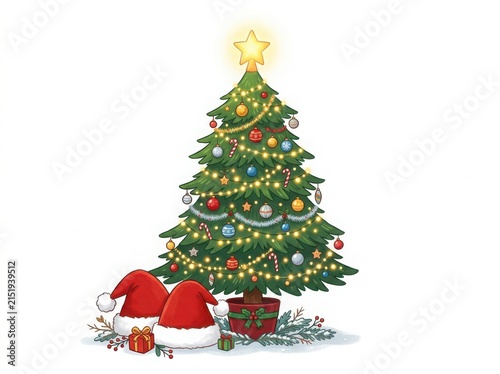 Decorated christmas tree with two santa hats and wrapped gift box isolated on white background