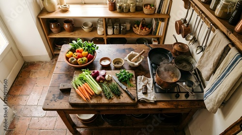 Fresh produce prepared for cooking on rustic kitchen table