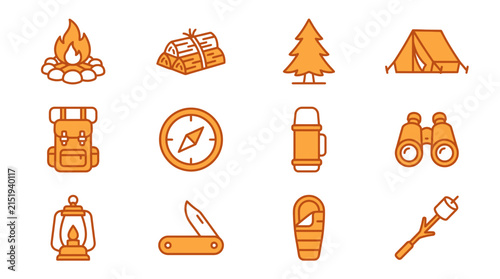 Orange camping and outdoor activities icon set.