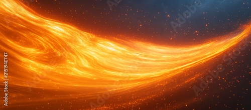 A flowing orange and gold energy wave with particles floating in space, creating an abstract background
