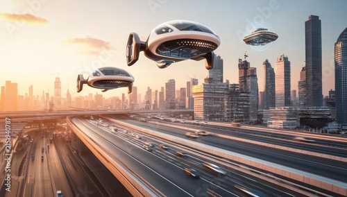 A futuristic cityscape with flying cars and skyscrapers, showcasing advanced technology in the year 2054. The sky is clear at sunset, casting long shadows on buildings and bridges over the road below