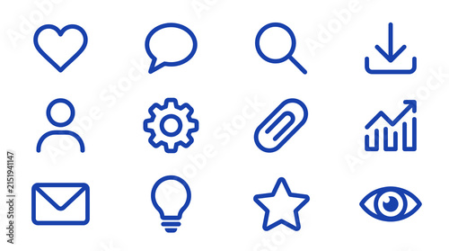Blue line social media and user interaction icons.