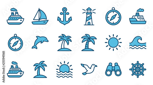 Blue nautical and summer vacation line icons.