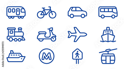 Blue outline icons representing various modes of public transportation.
