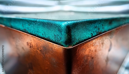 Macro Copper Sheet Edge With Teal Patina Oxidation Texture