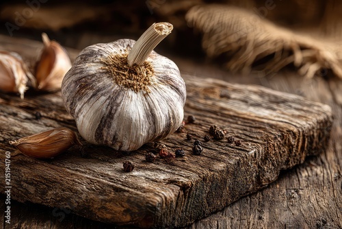 Single garlic bulb on rustic wood surface