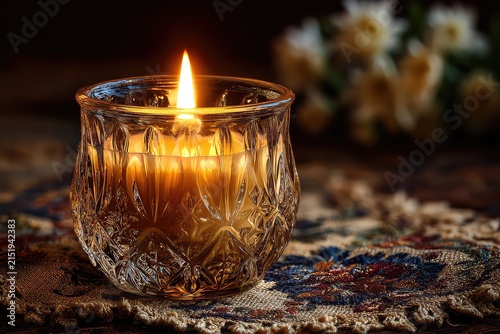 Single lit candle in a glass holder