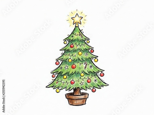 Decorated christmas tree with colorful ornaments and star topper isolated on white background