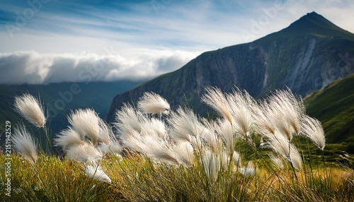 Fluffy Grass Against A Mountain Backdrop