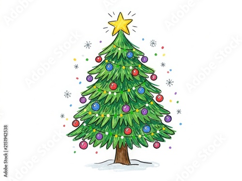 Colorful christmas tree with star topper and ornaments isolated isolated on white background