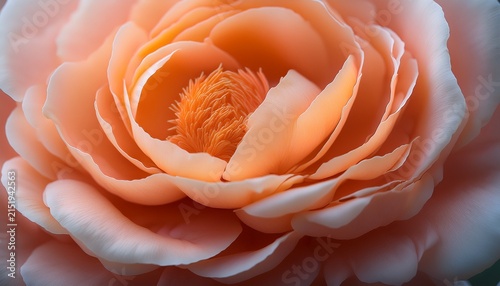 Amazing Peach Apricot Color Peony Type Rose Blossoming At Cloudy Morning Extreme Macro