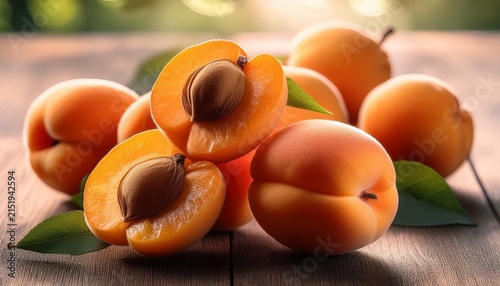 Apricots Close Up Of Fresh Organic Apricot Fruits On A Rustic Wooden Table Fresh Bio Apricot With Leaves Closeup