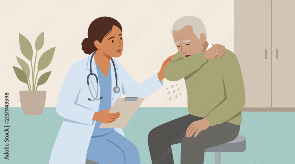 Fototapeta premium Doctor Consulting Elderly Man Coughing With Illness on Transparent Background