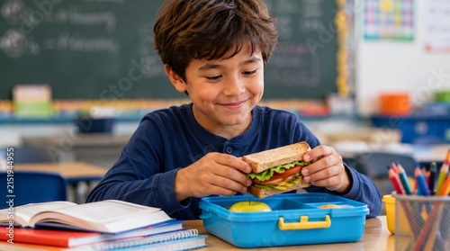 Happy elementary school boy holding a healthy sandwich from his blue lunchbox while sitting at a desk in the classroom