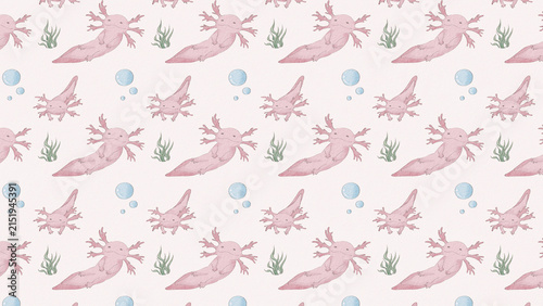 Axolotl seamless pattern watercolor pastel background