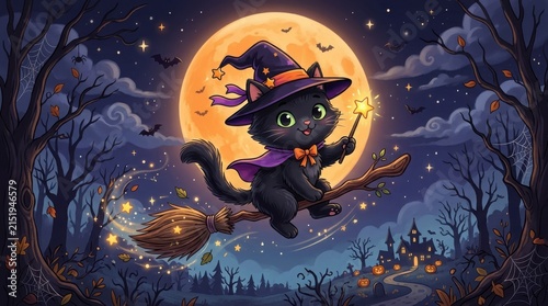 Black cat witch flying on broomstick under a full moon at night