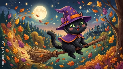 Black cat witch flying on broomstick over autumn leaves at night