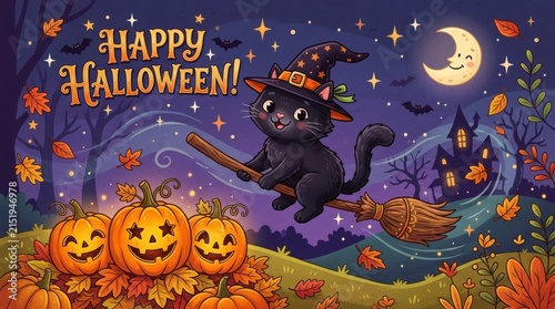 Black cat witch flying over jack o lanterns on halloween night