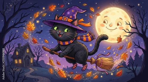 Black cat witch flying with a smiling moon under autumn stars