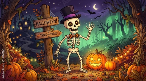Cartoon skeleton waving at halloween trick-or-treat sign with jack-o'-lanterns
