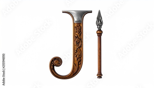 Ornate Letter J with Elaborate Carved Wood Texture and Metallic Serif