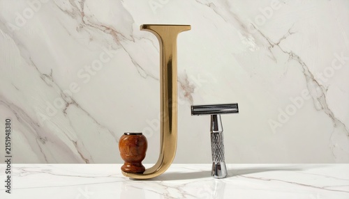 Golden Letter J and Modern Chrome Faucet on Marble Surface