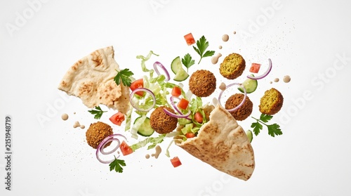 Falafel pita bread opens to reveal fresh salad vegetables and chickpeas prepared for a mediterranean meal.