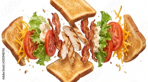 Sandwich ingredients including chicken, bacon, cheese, and vegetables float in mid-air to display the fresh components.
