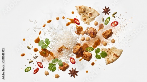 Chicken tikka masala with basmati rice, naan bread, and fresh aromatics floats against a white studio background to showcase authentic Indian culinary ingredients.