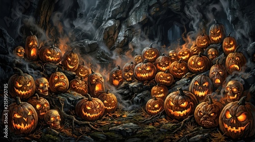 Creepy jack o lanterns carved with scary faces on dark textured background