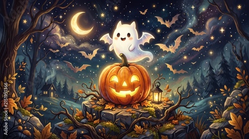 Cute ghost cat sitting on a jack o lantern with bats flying around