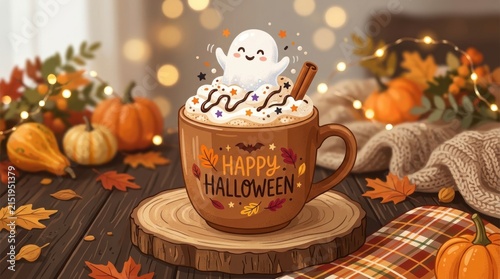 Cute halloween coffee with ghost topping on wooden slice