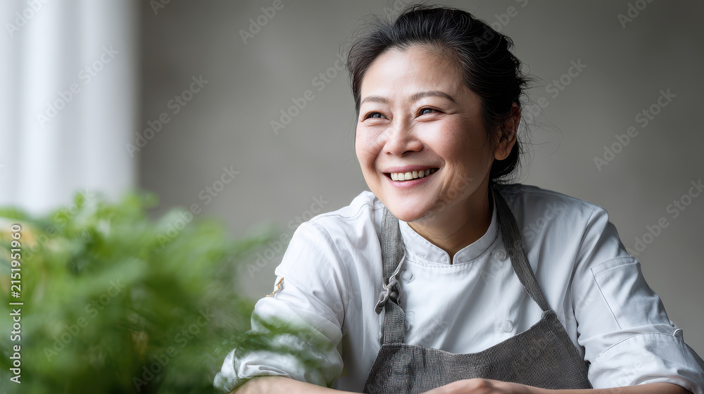 Obraz premium joyful food photographer smiling warmly set against clean neutralcolored background
