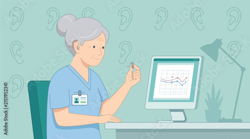 Plakat Audiologist with hearing aid and audiogram on computer screen