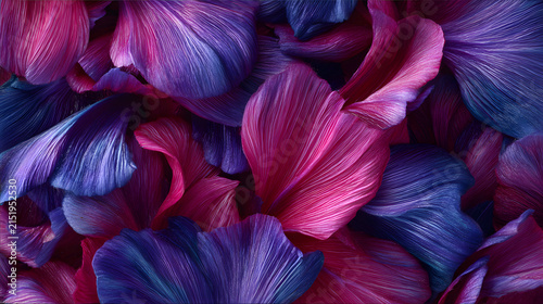 Vibrant fuchsia and sapphire textured petals forming abstract artistic background with detailed close up colorful petals fuchsia blue tones multicolor
