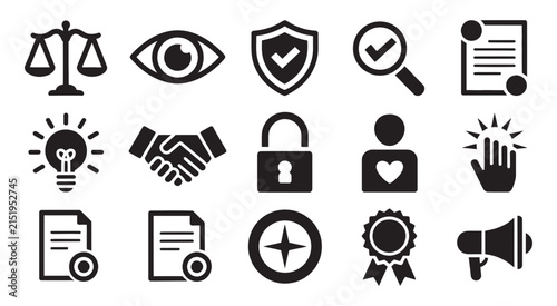 Corporate Ethics Icon Set Featuring Integrity, Transparency, Audit, Honesty, Compliance, Legal Services And Business Accountability Symbols.