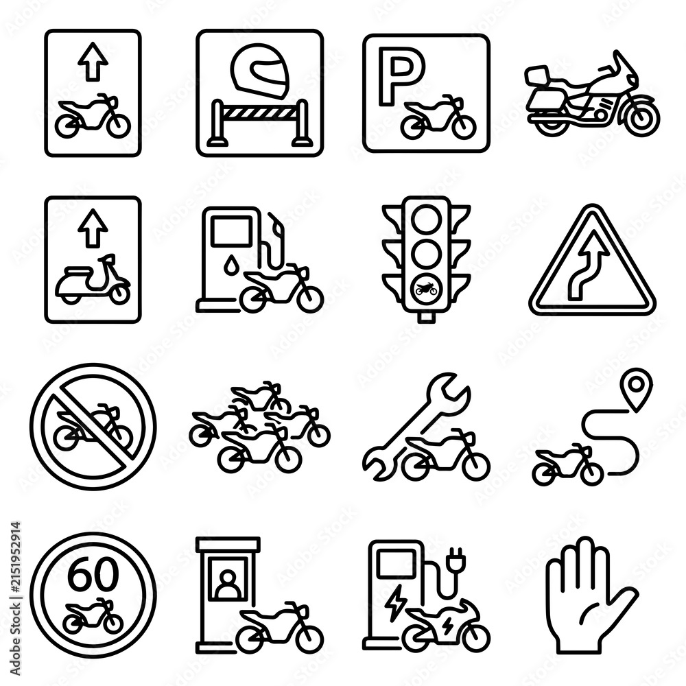 Fototapeta premium Sixteen black and white line representing motorcycle traffic rules, parking, refueling, and safety signage on white background
