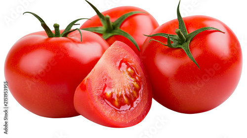 Foto Ripe red tomatoes with one cut in half showing seeds and pulp