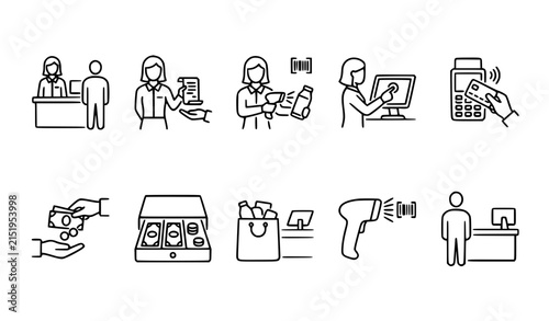 Cashier and Checkout Thin Stroke Icon Collection for Retail Shopping and POS Interface