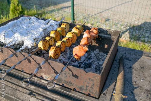 Delicious shish kebab and zucchini grilling on skewers over hot coals in a backyard grill. Meat and vegetables cooking outdoors during a sunny weekend picnic, preparing a tasty meal for family