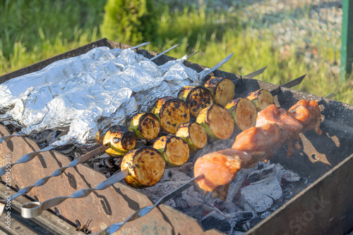Delicious shish kebab and zucchini grilling on skewers over hot coals in a backyard grill. Meat and vegetables cooking outdoors during a sunny weekend picnic, preparing a tasty meal for family